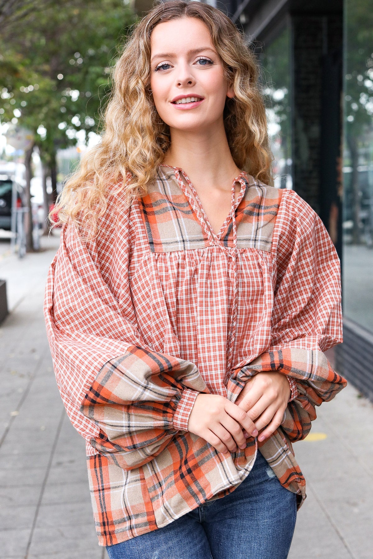 Under Your Spell Plaid Pattern Block Peasant Top
