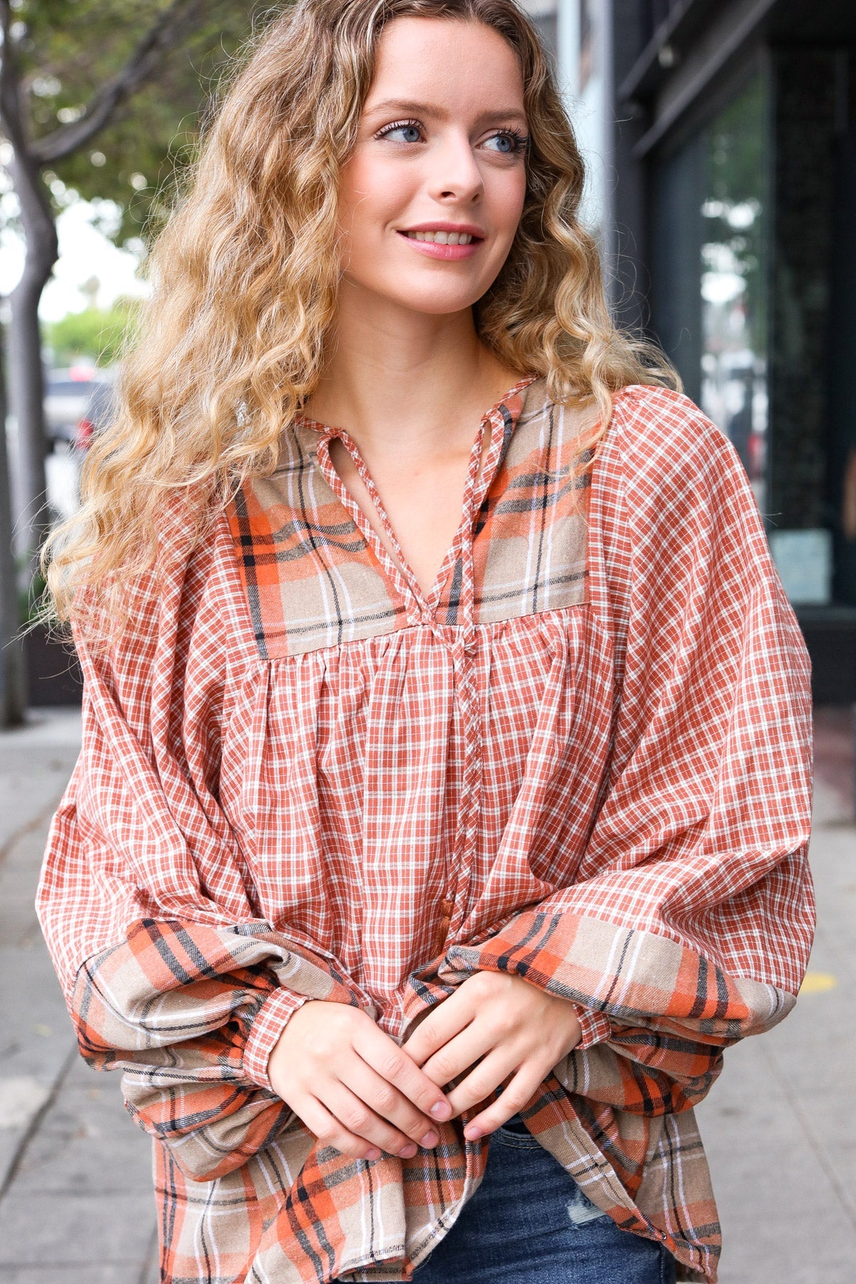 Under Your Spell Plaid Pattern Block Peasant Top