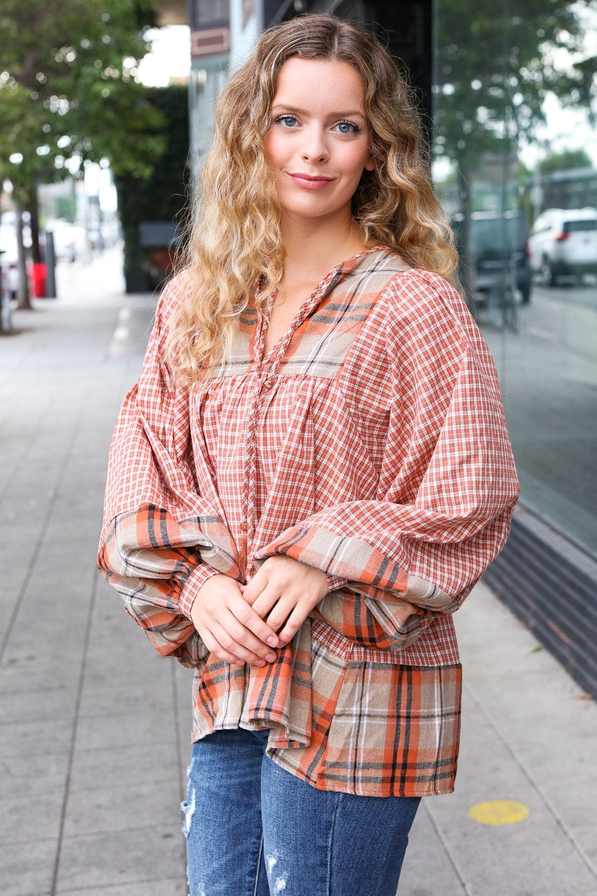 Under Your Spell Plaid Pattern Block Peasant Top