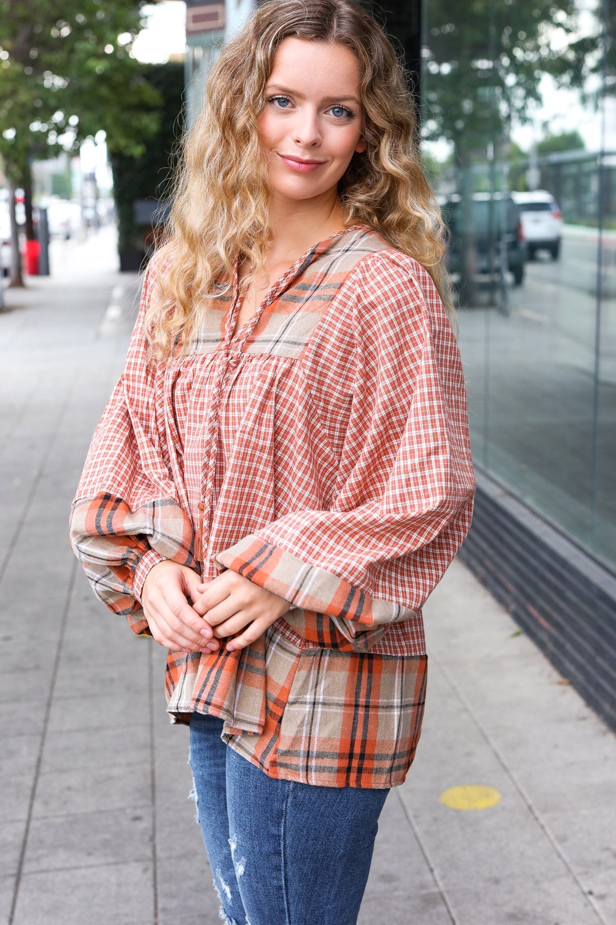 Under Your Spell Plaid Pattern Block Peasant Top
