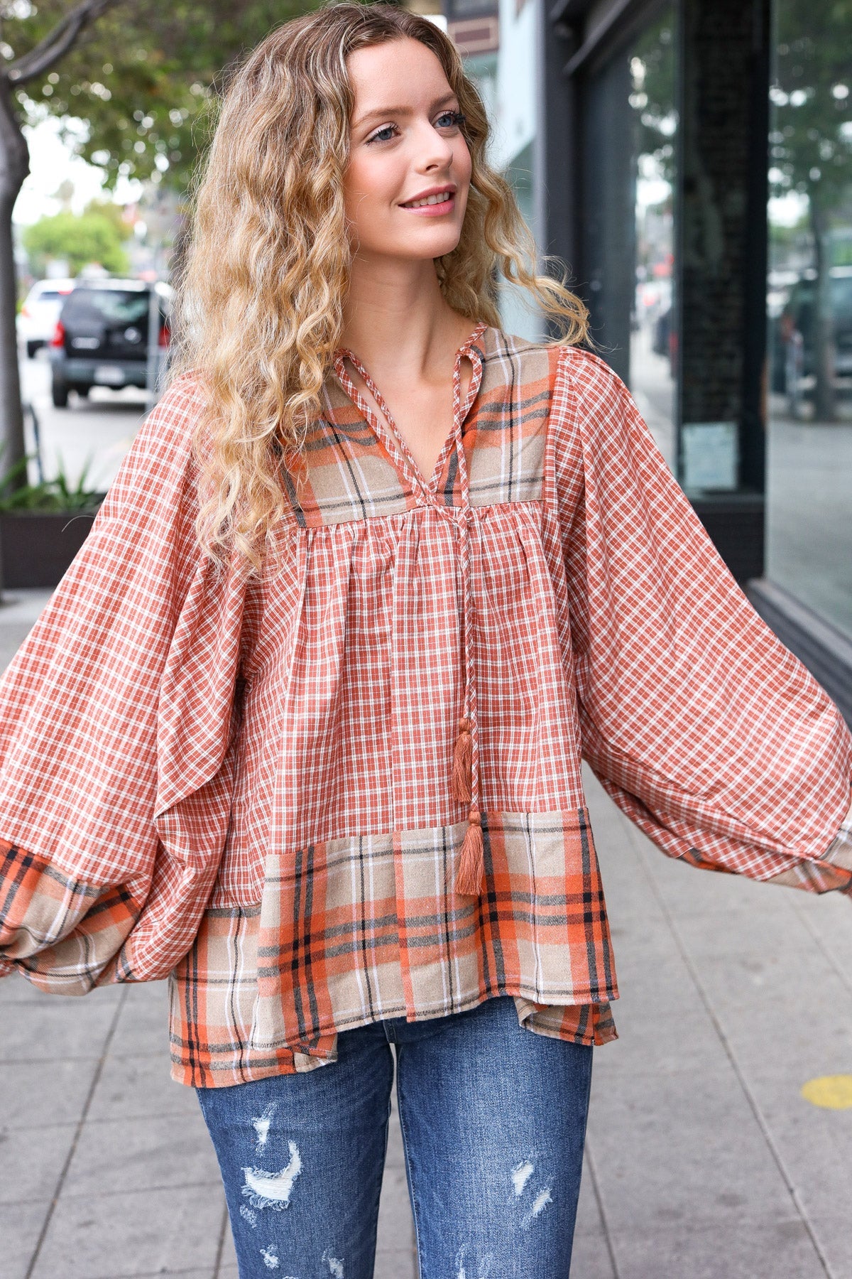 Under Your Spell Plaid Pattern Block Peasant Top