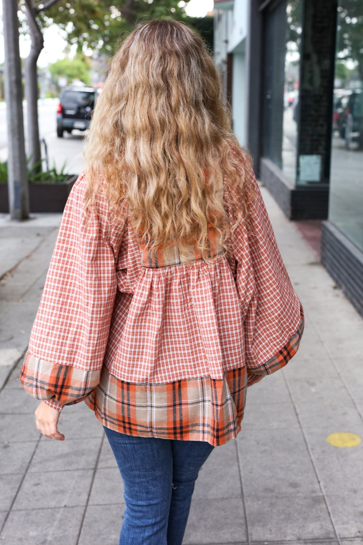 Under Your Spell Plaid Pattern Block Peasant Top
