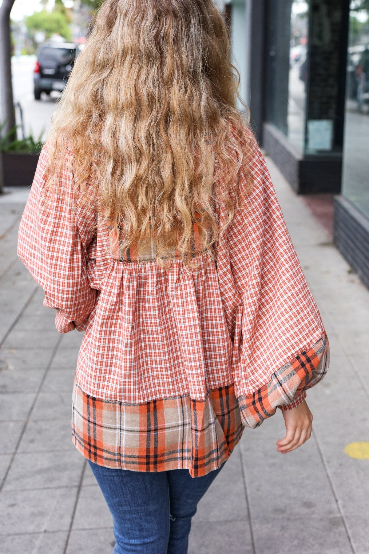 Under Your Spell Plaid Pattern Block Peasant Top