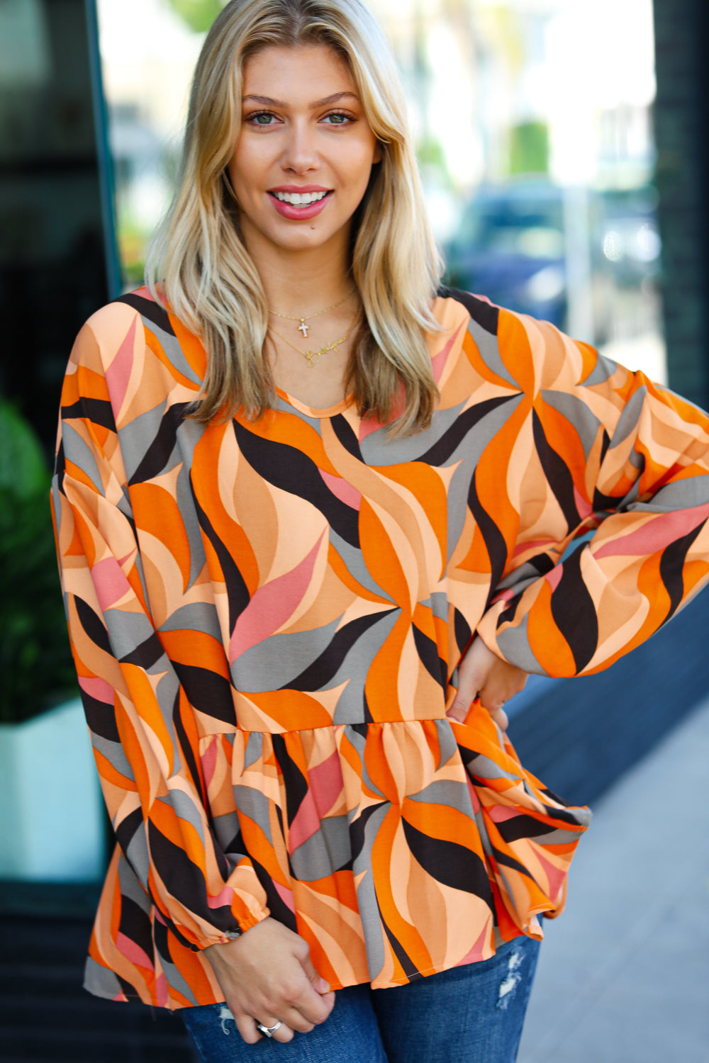 In My Thoughts Abstract V Neck Peplum Top