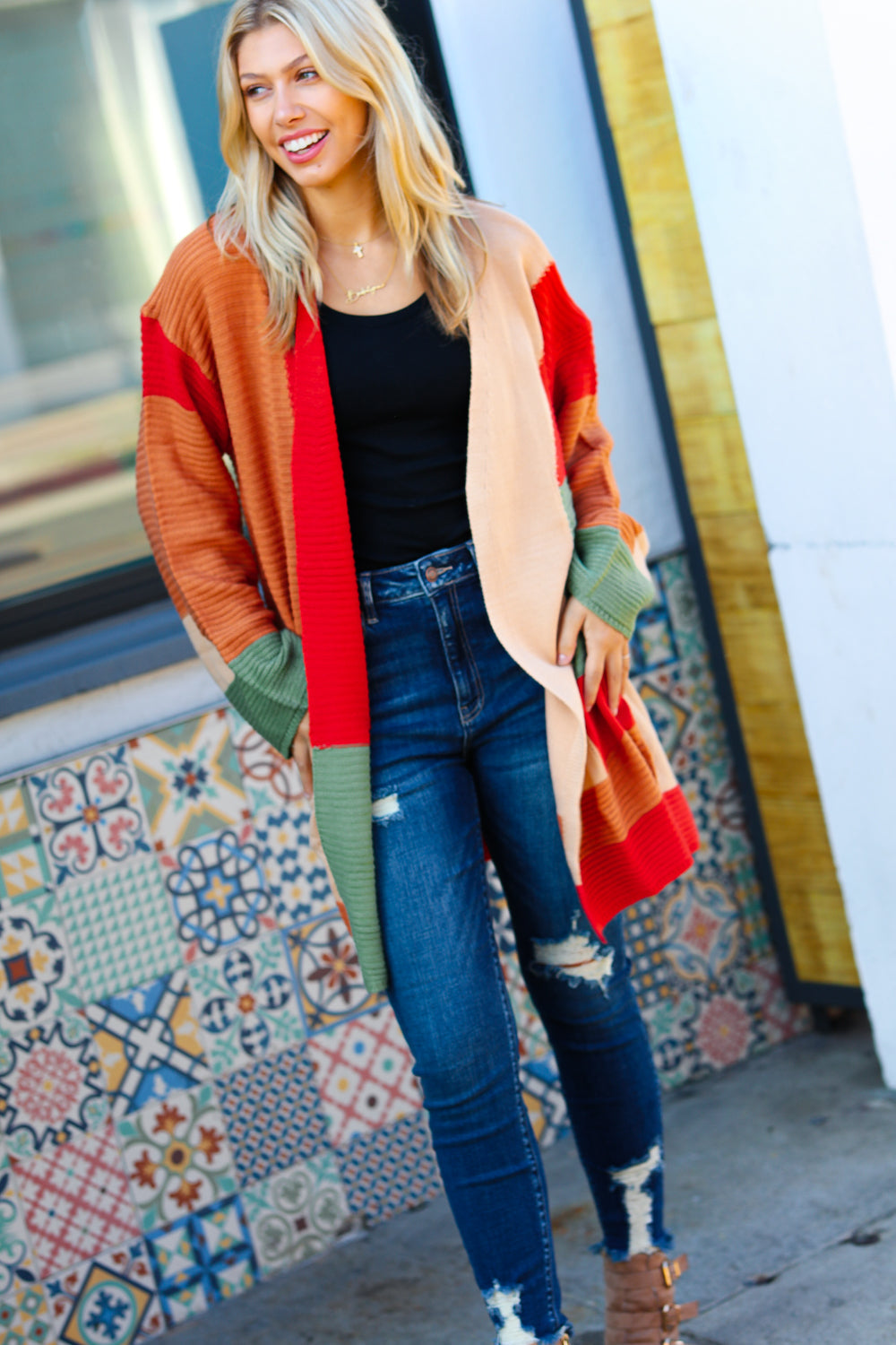 Latte Ready Color Block Open Knit Cardigan