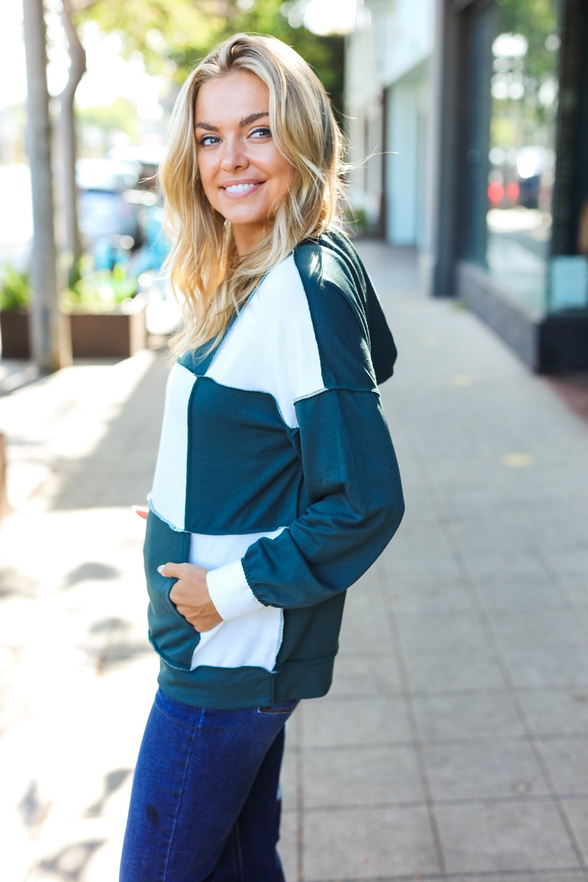 Heart Open Color Block Terry Knit Hoodie