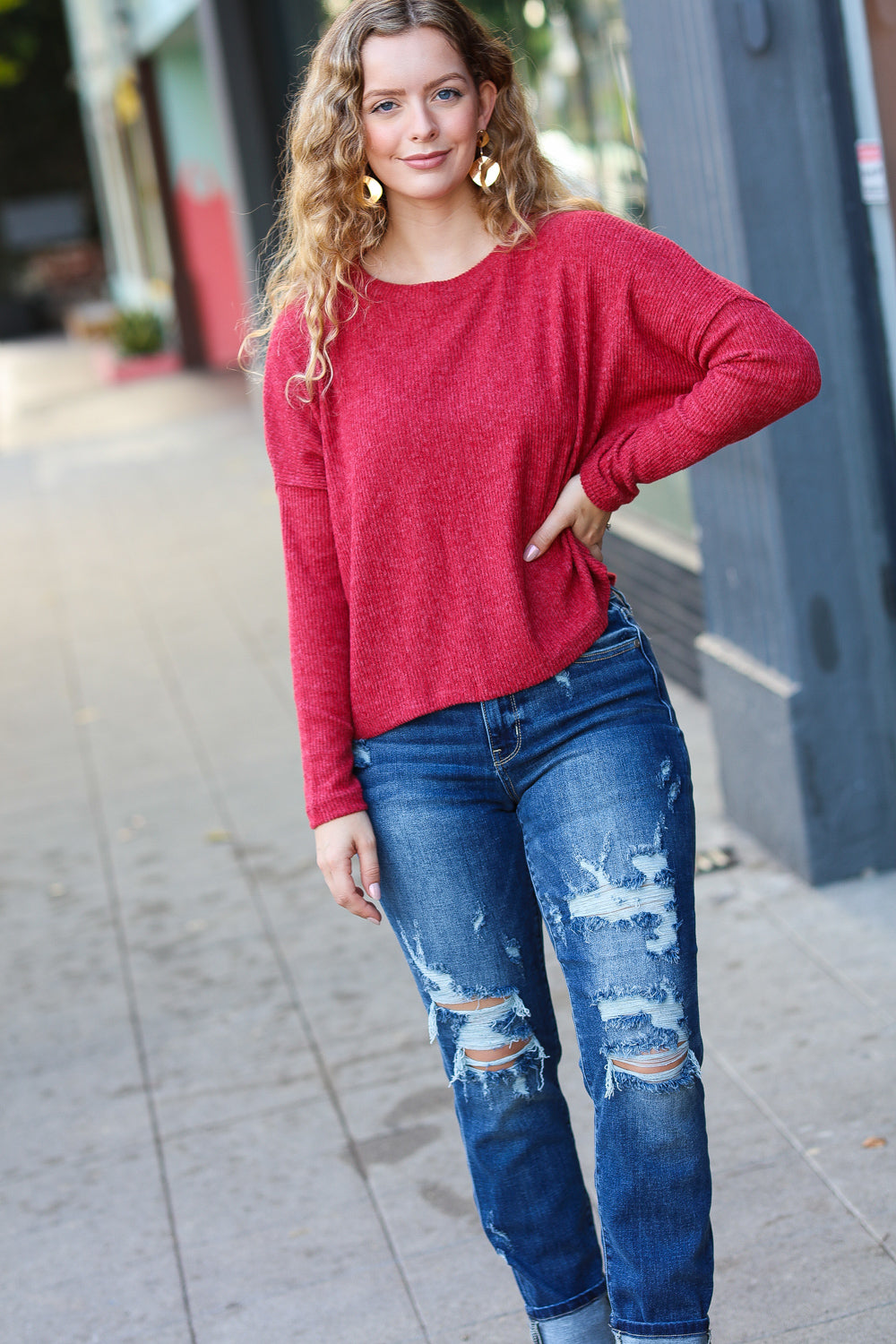 Stay Awhile Ribbed Dolman Cropped Sweater • Red