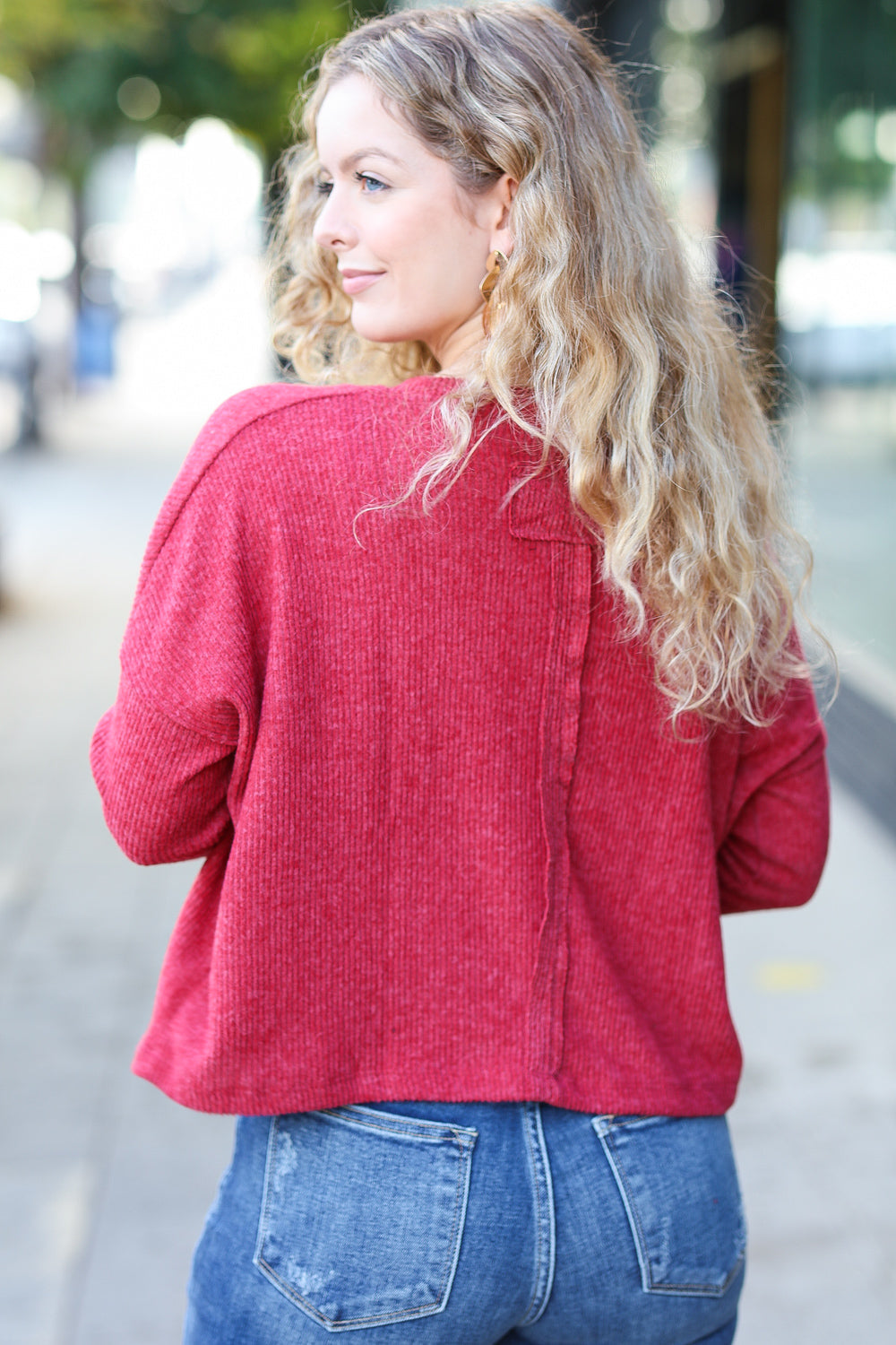Stay Awhile Ribbed Dolman Cropped Sweater • Red