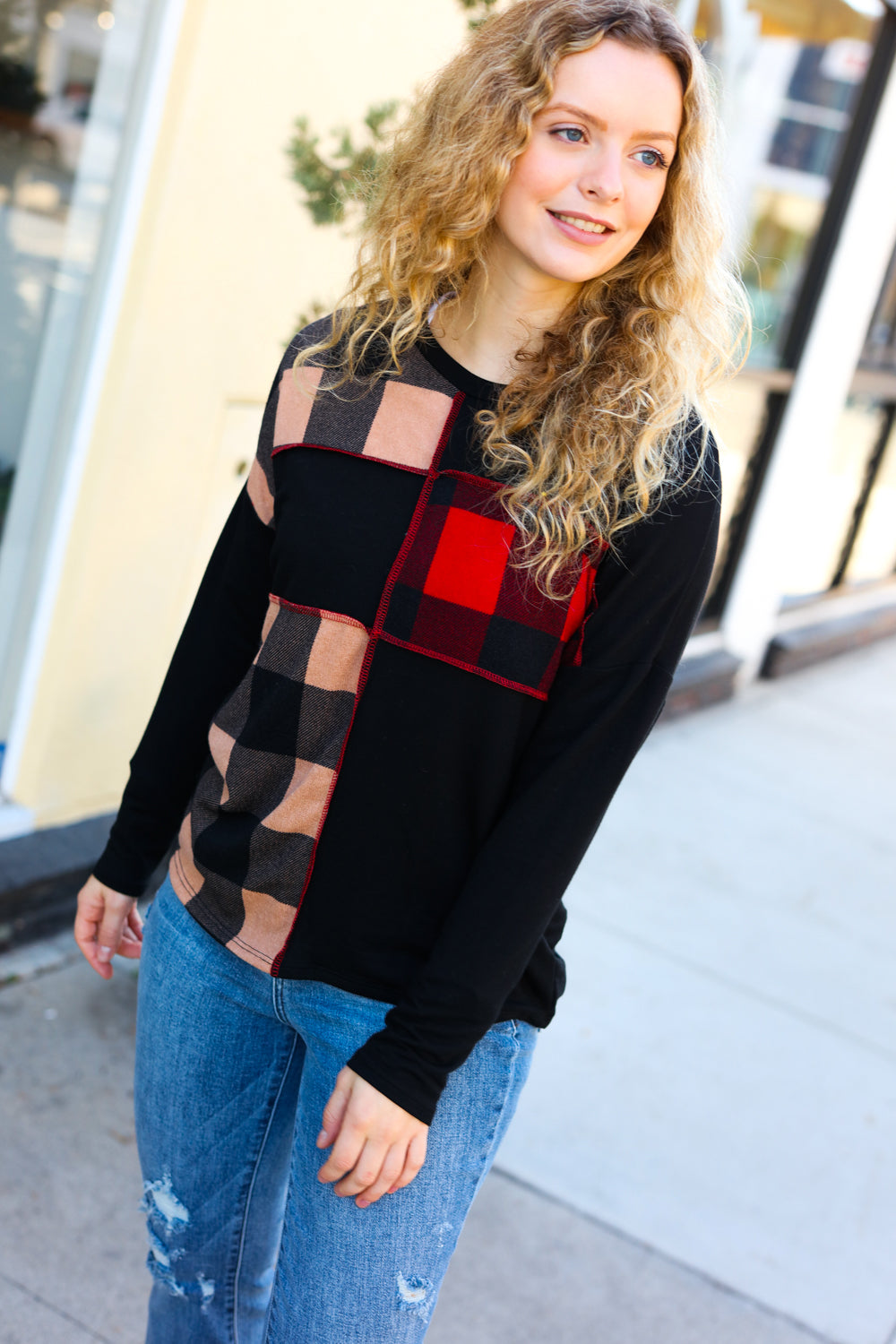 Run With It Plaid Color block Outseam Top