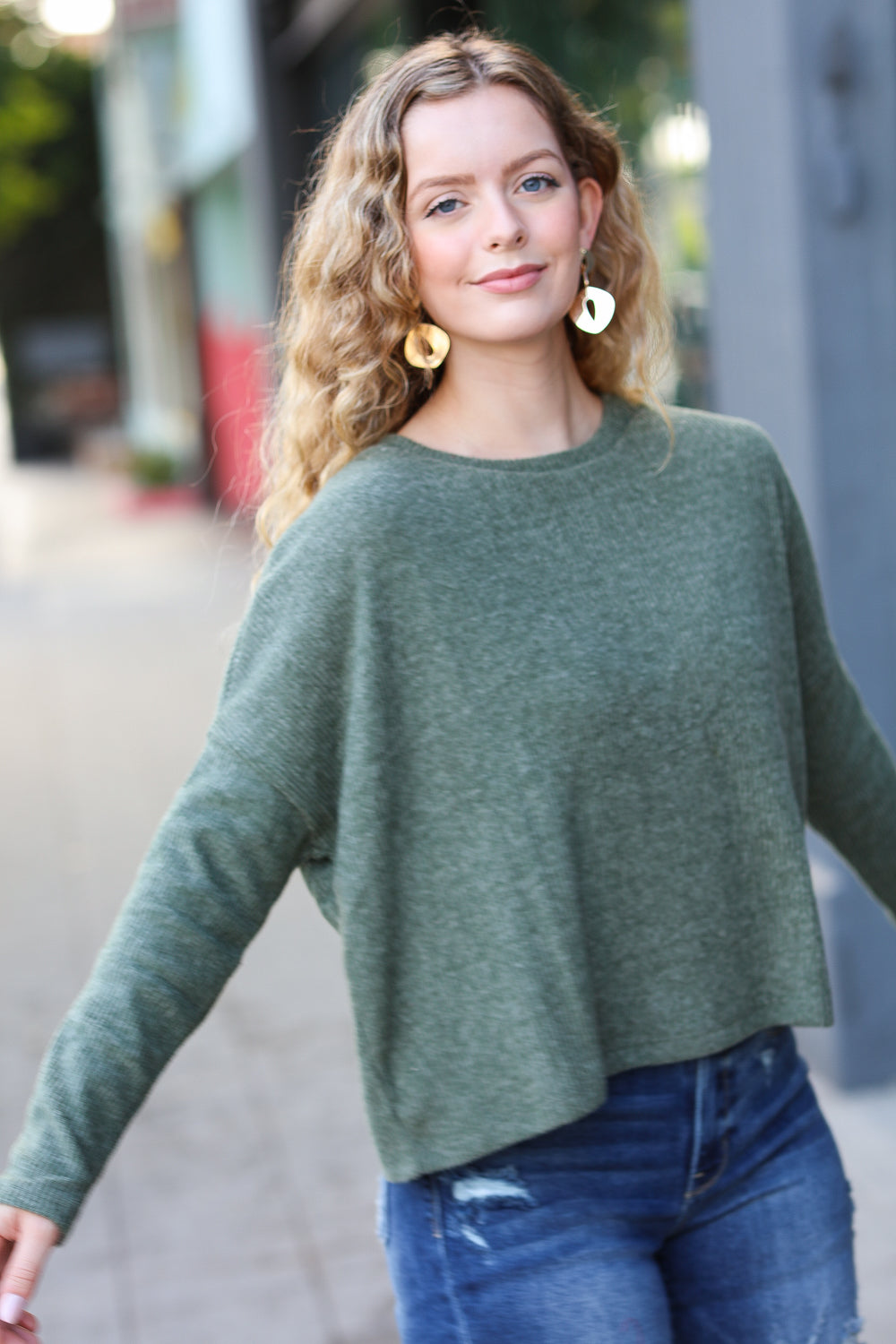 Stay Awhile Ribbed Dolman Cropped Sweater • Olive