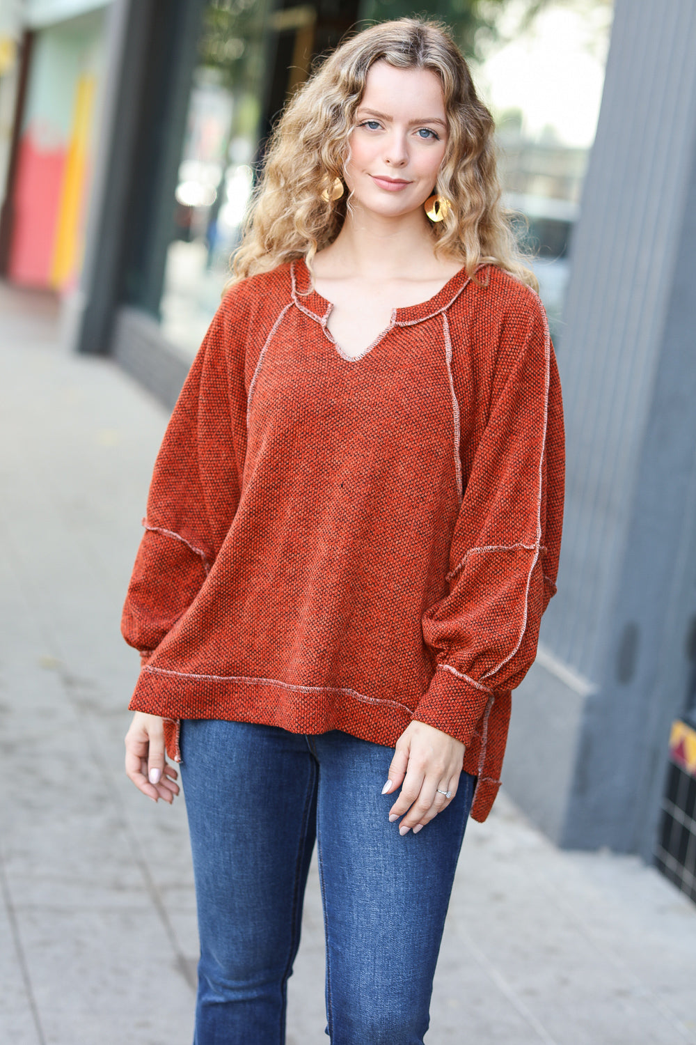 The Slouchy Two Tone Knit Notched Raglan Top • Rust