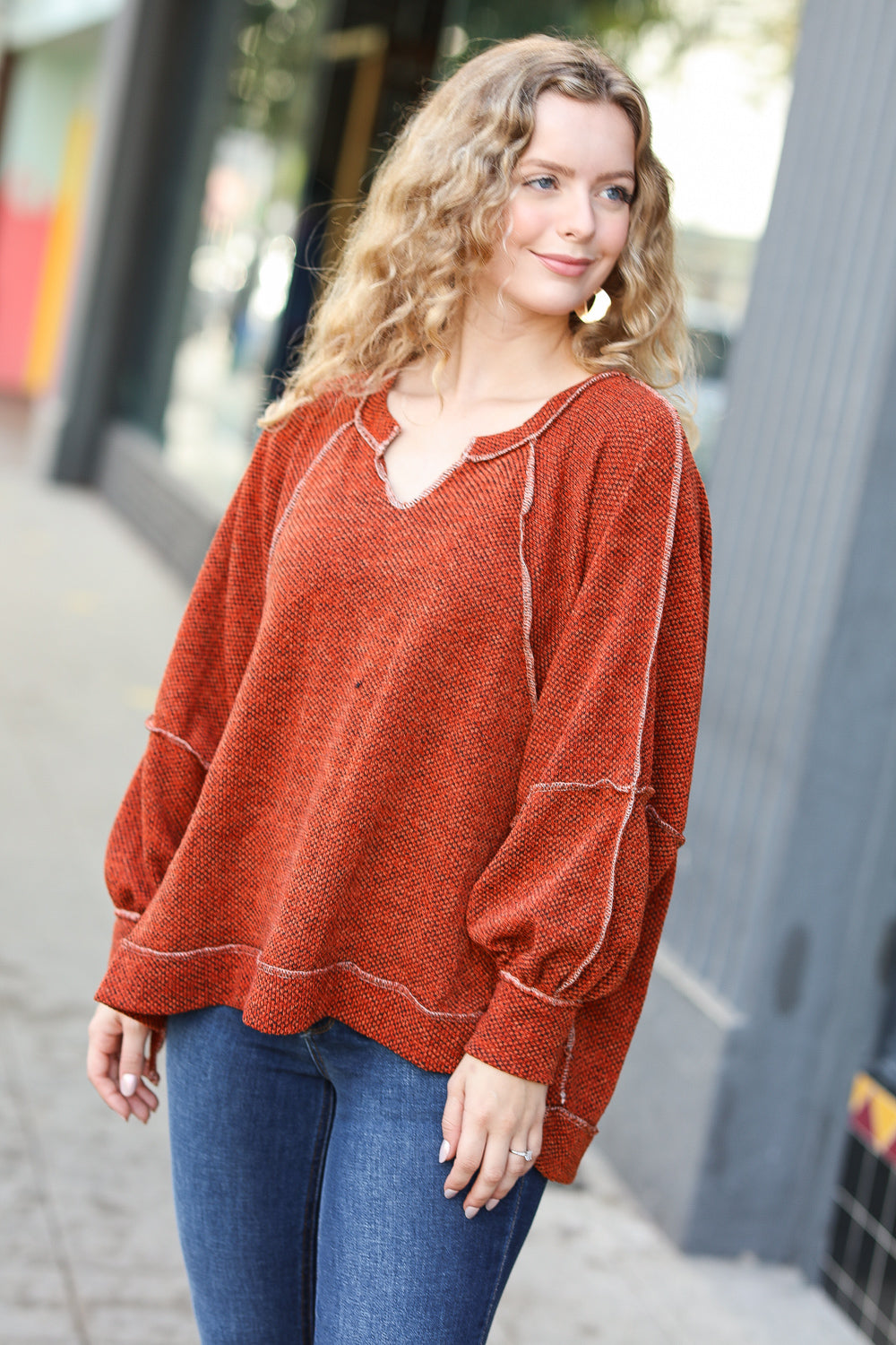 The Slouchy Two Tone Knit Notched Raglan Top • Rust