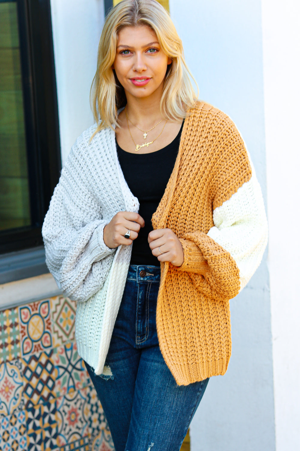Face The Day Color Block Chunky Knit Cardigan