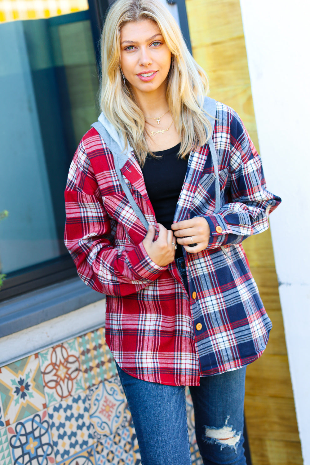 Thanks For The Memories Plaid Color Block Hoodie Shacket