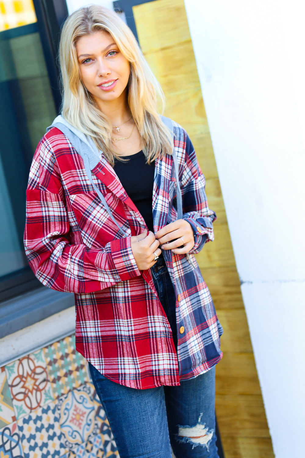 Thanks For The Memories Plaid Color Block Hoodie Shacket