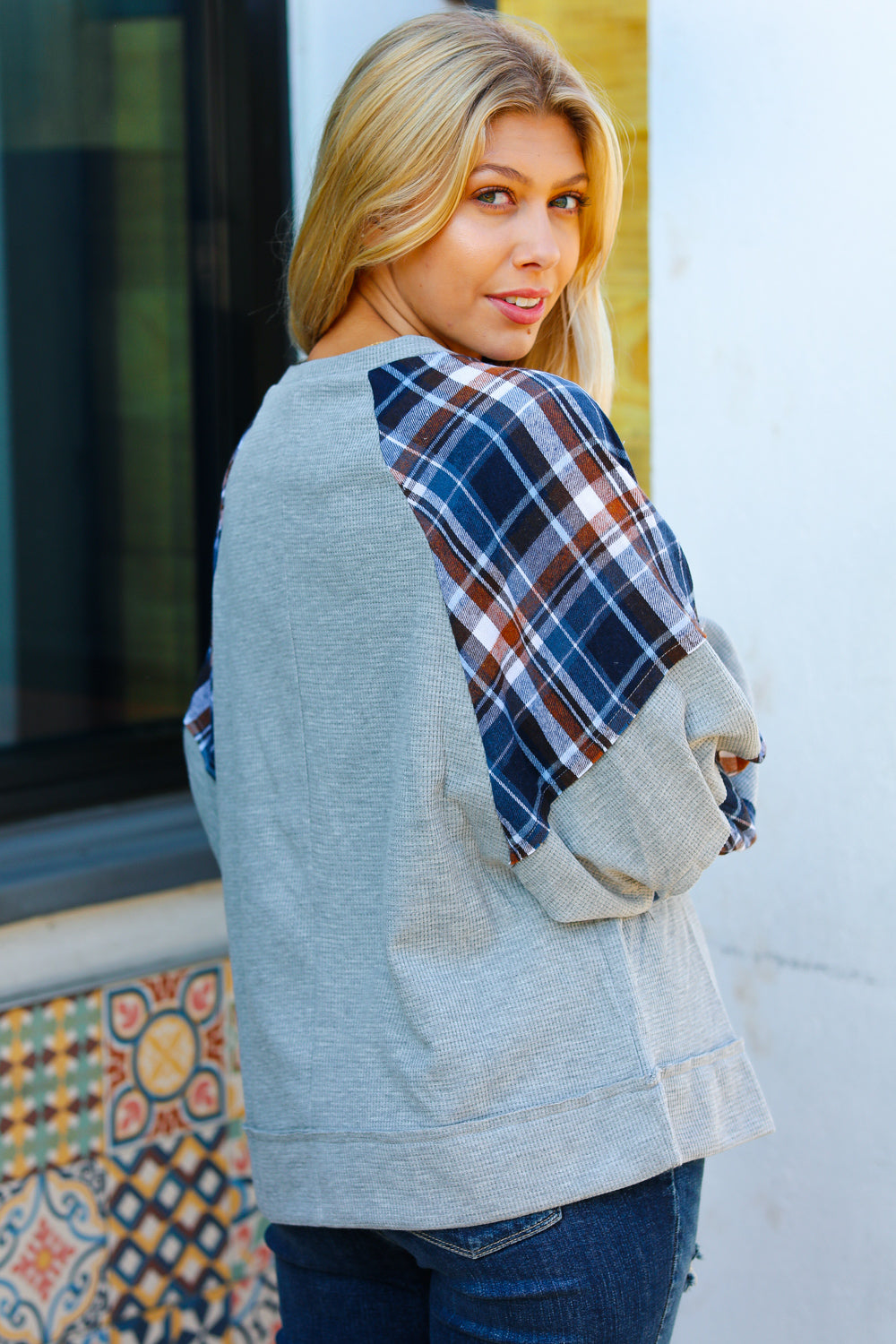 Face The Day Plaid Thermal Raglan Pullover