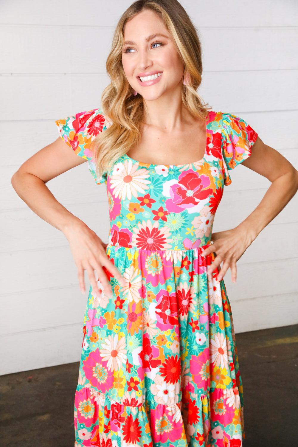 Sheen Of Spring Floral Square Neck Dress - Atomic Wildflower