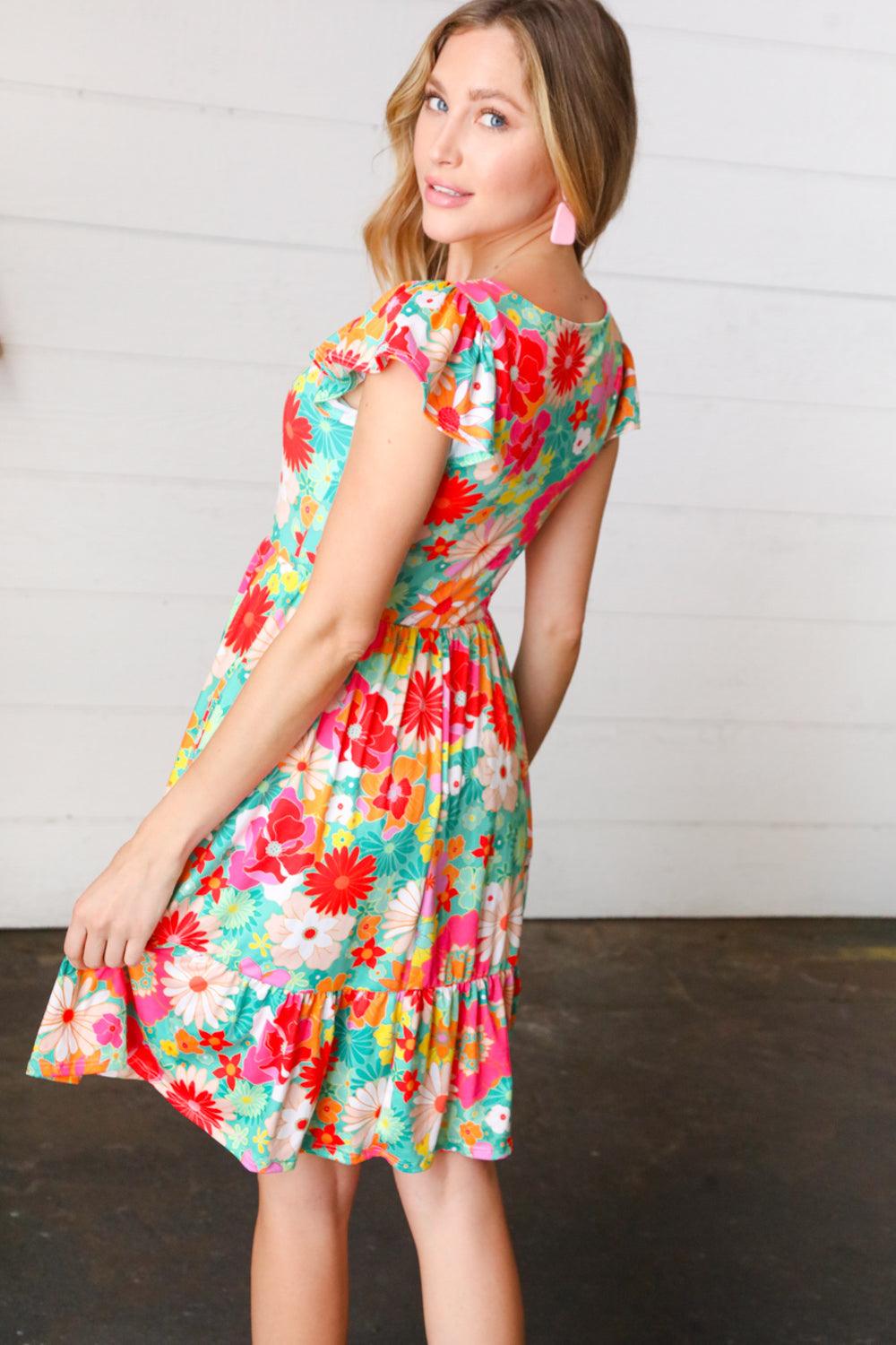 Sheen Of Spring Floral Square Neck Dress - Atomic Wildflower
