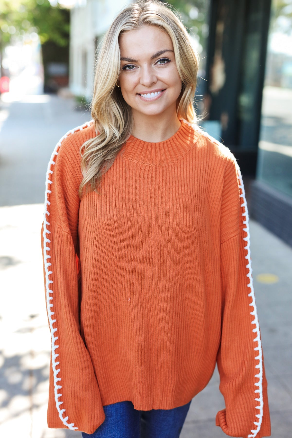 All I Got Rib Knit Stitch Detail Sweater • Rust