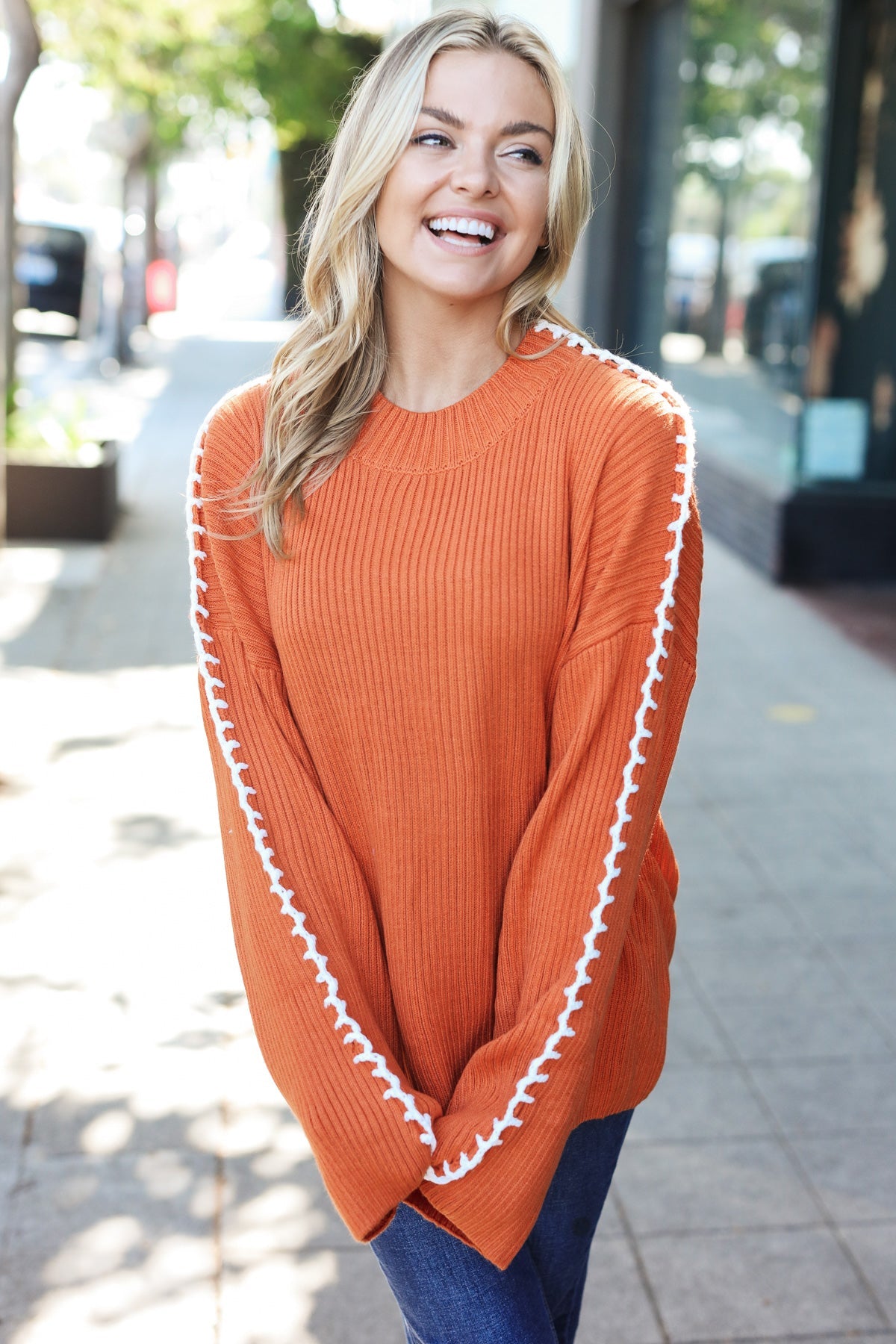 All I Got Rib Knit Stitch Detail Sweater • Rust