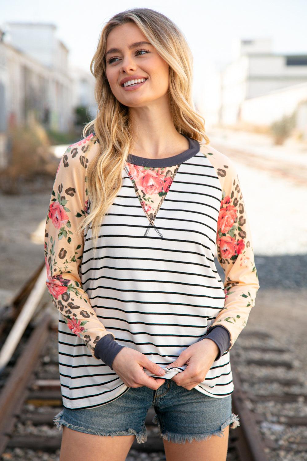 Two Times The Fun Pattern Mix Henley Top - Atomic Wildflower