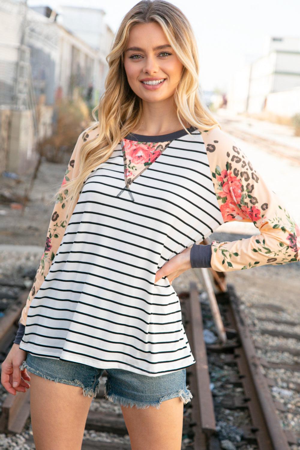 Two Times The Fun Pattern Mix Henley Top - Atomic Wildflower