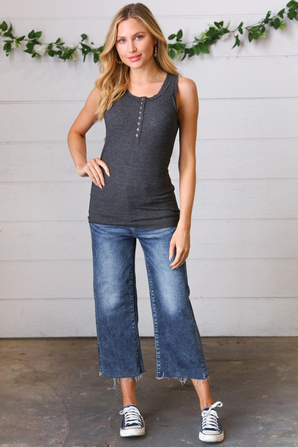 All The Things Button Down Henley Tank Top • Charcoal