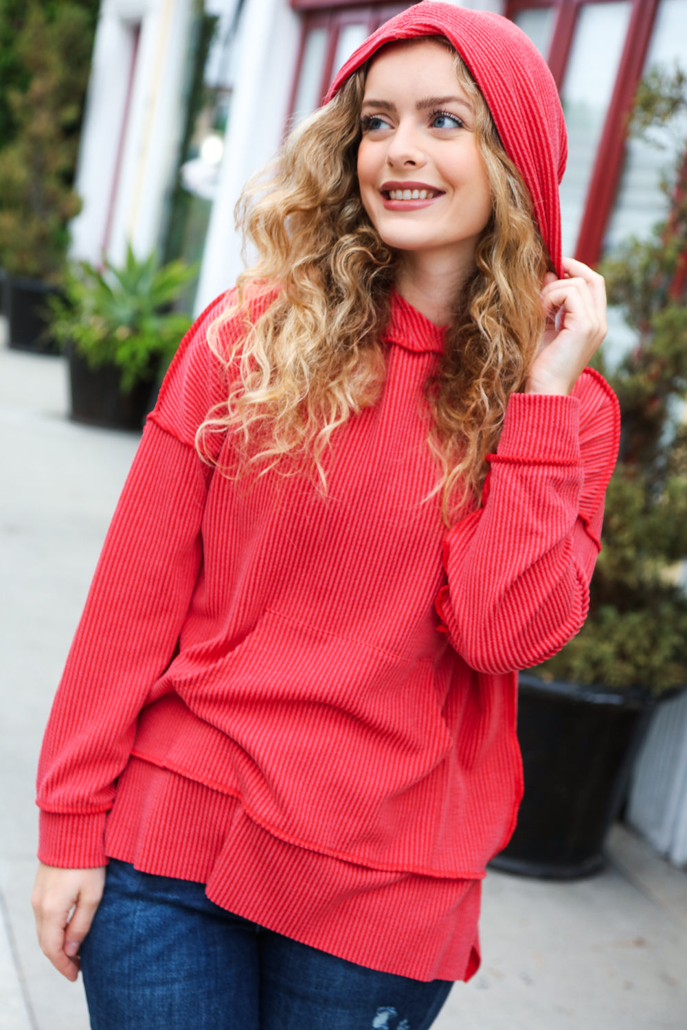 A New Day Rib Knit Hoodie • Red