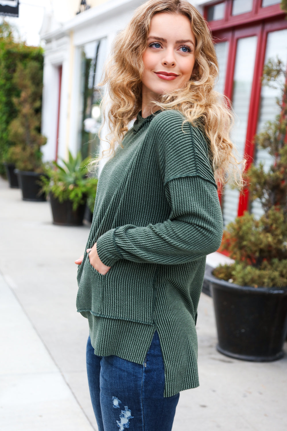 A New Day Rib Knit Hoodie • Forest Green