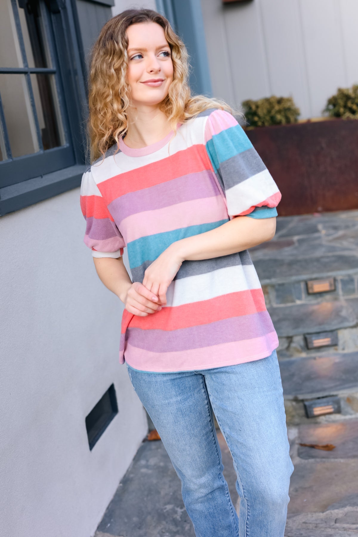 Look Out Striped Hacci Knit Puff Sleeve Top