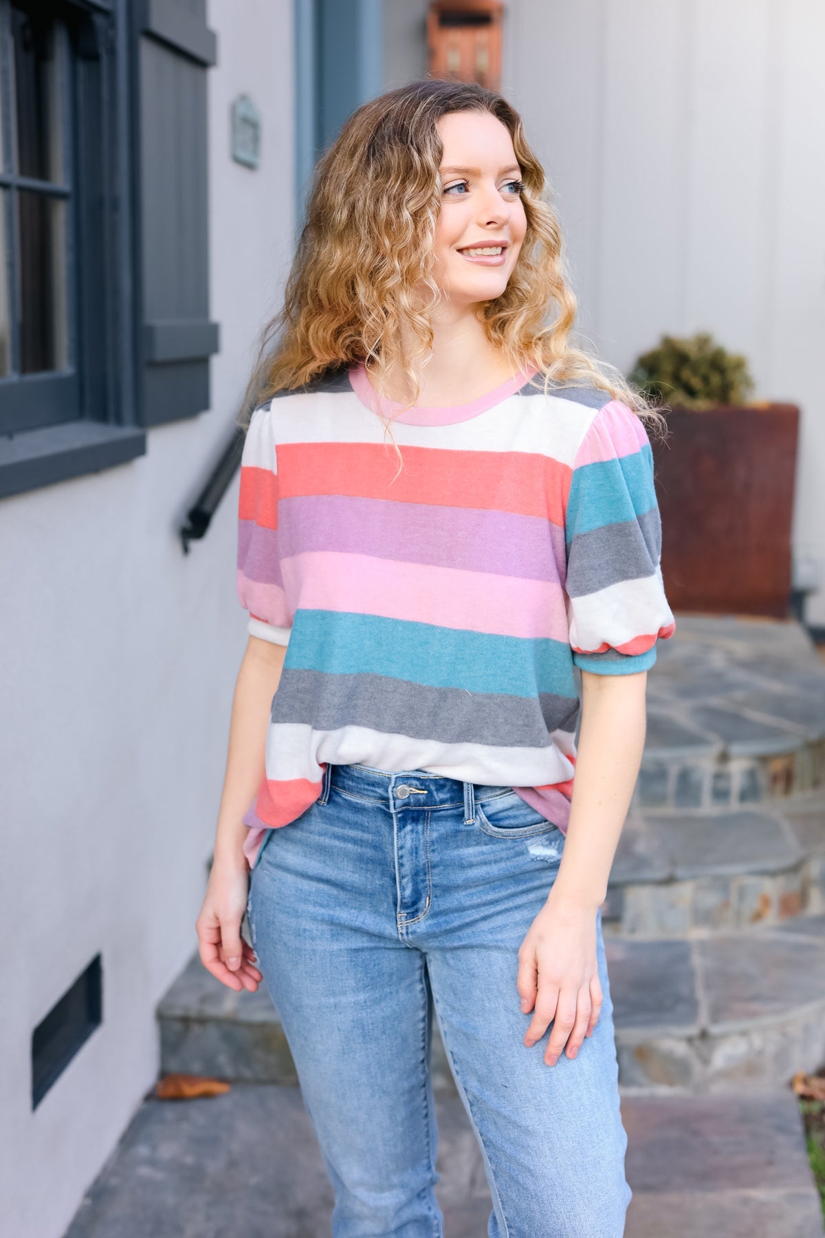 Look Out Striped Hacci Knit Puff Sleeve Top