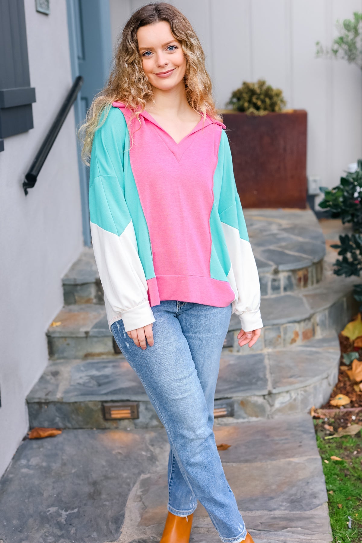 Stand Out V Neck Collared Terry Color Block Top
