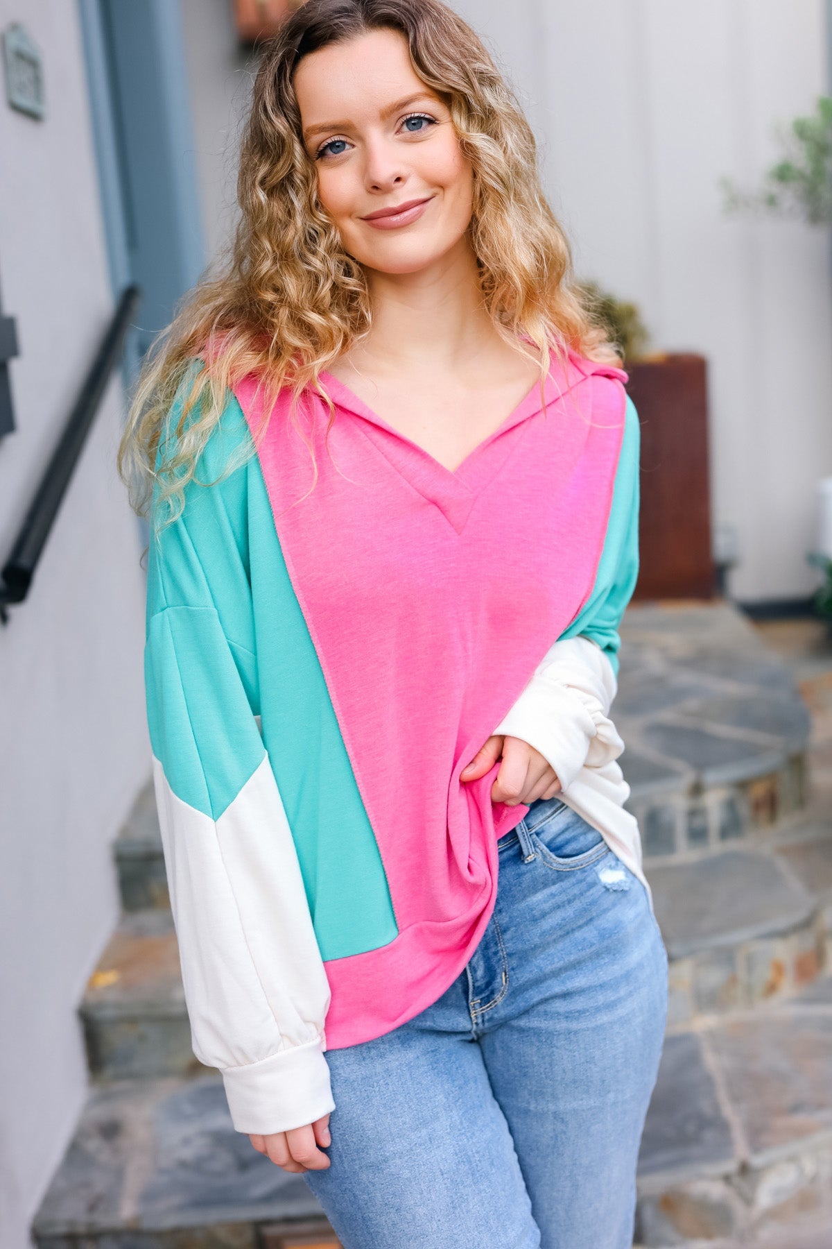 Stand Out V Neck Collared Terry Color Block Top