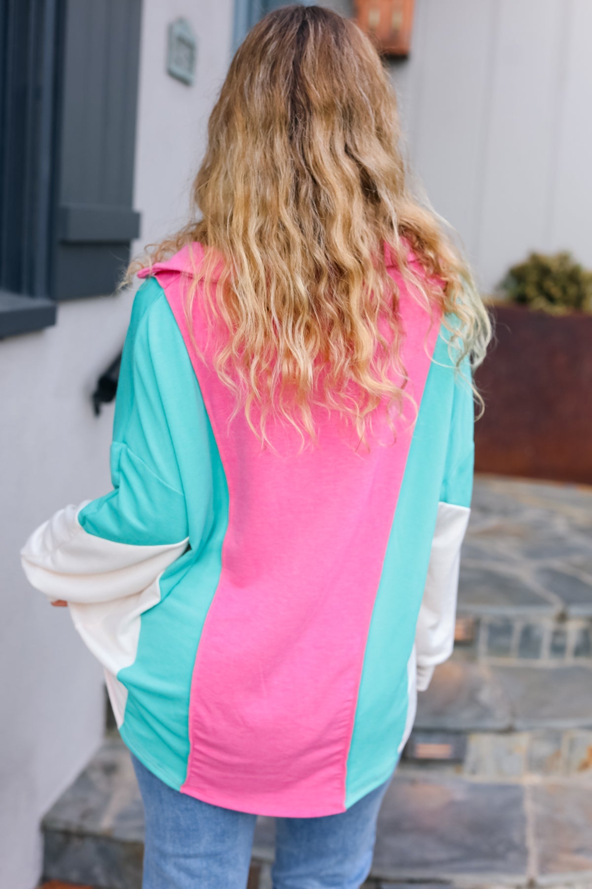 Stand Out V Neck Collared Terry Color Block Top