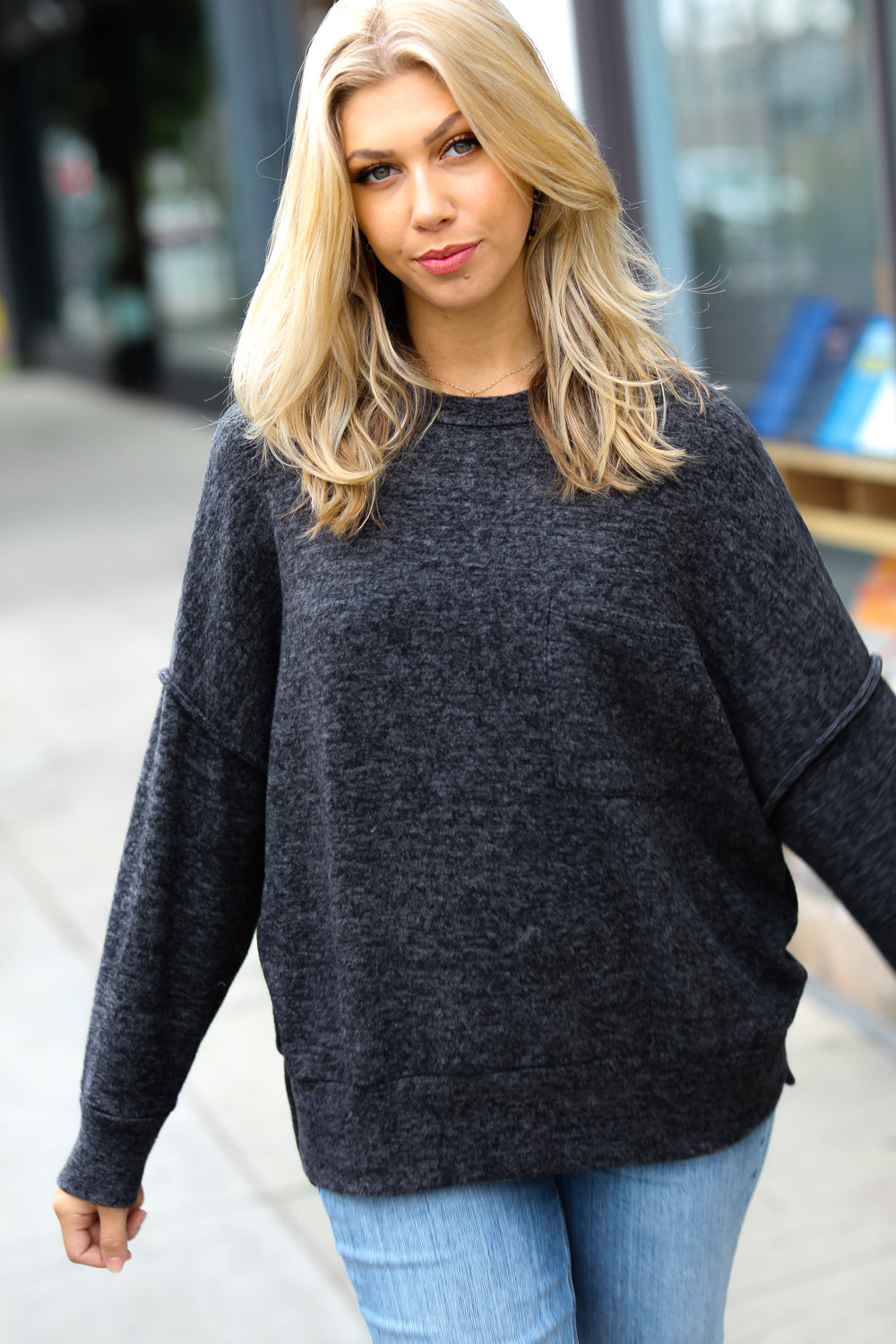 Stay Awhile Drop Shoulder Melange Sweater • Charcoal