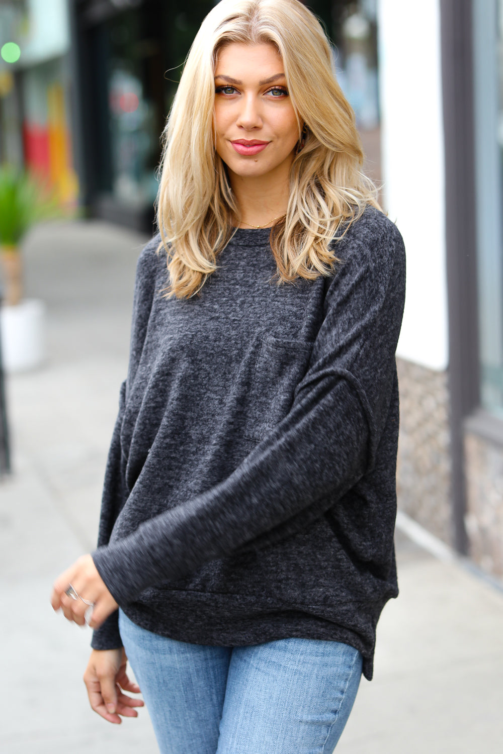 Stay Awhile Drop Shoulder Melange Sweater • Charcoal