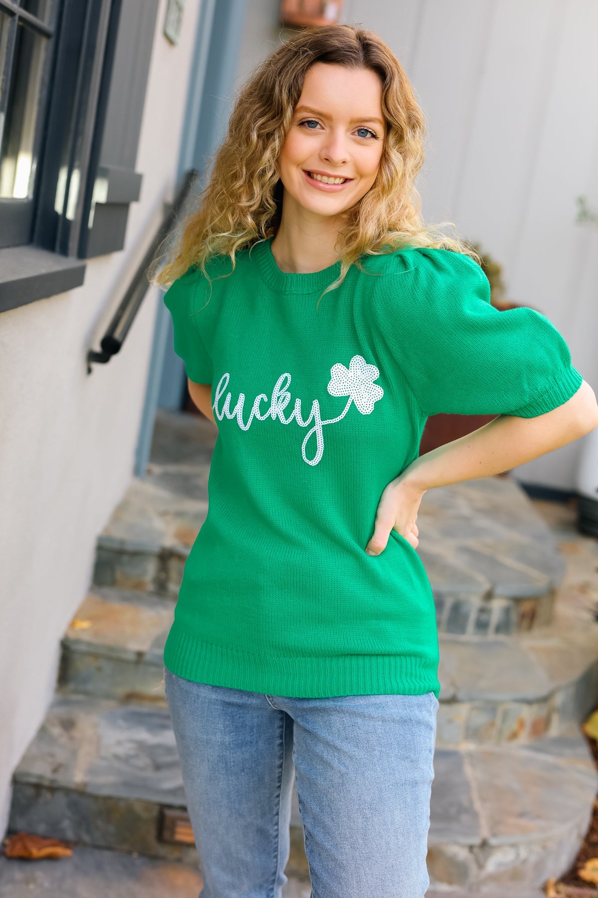 Lucky Lady Sequin Puff Sleeve Knit Top