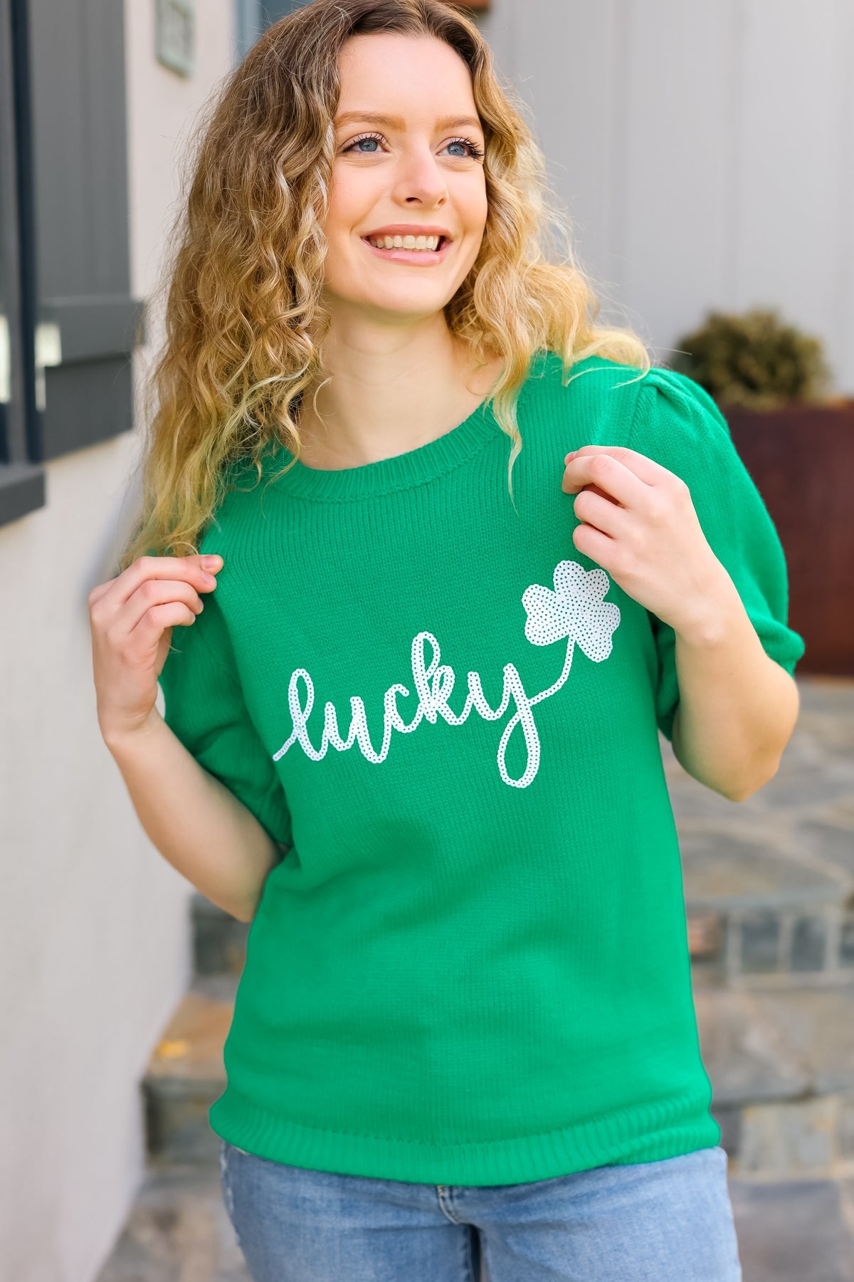 Lucky Lady Sequin Puff Sleeve Knit Top
