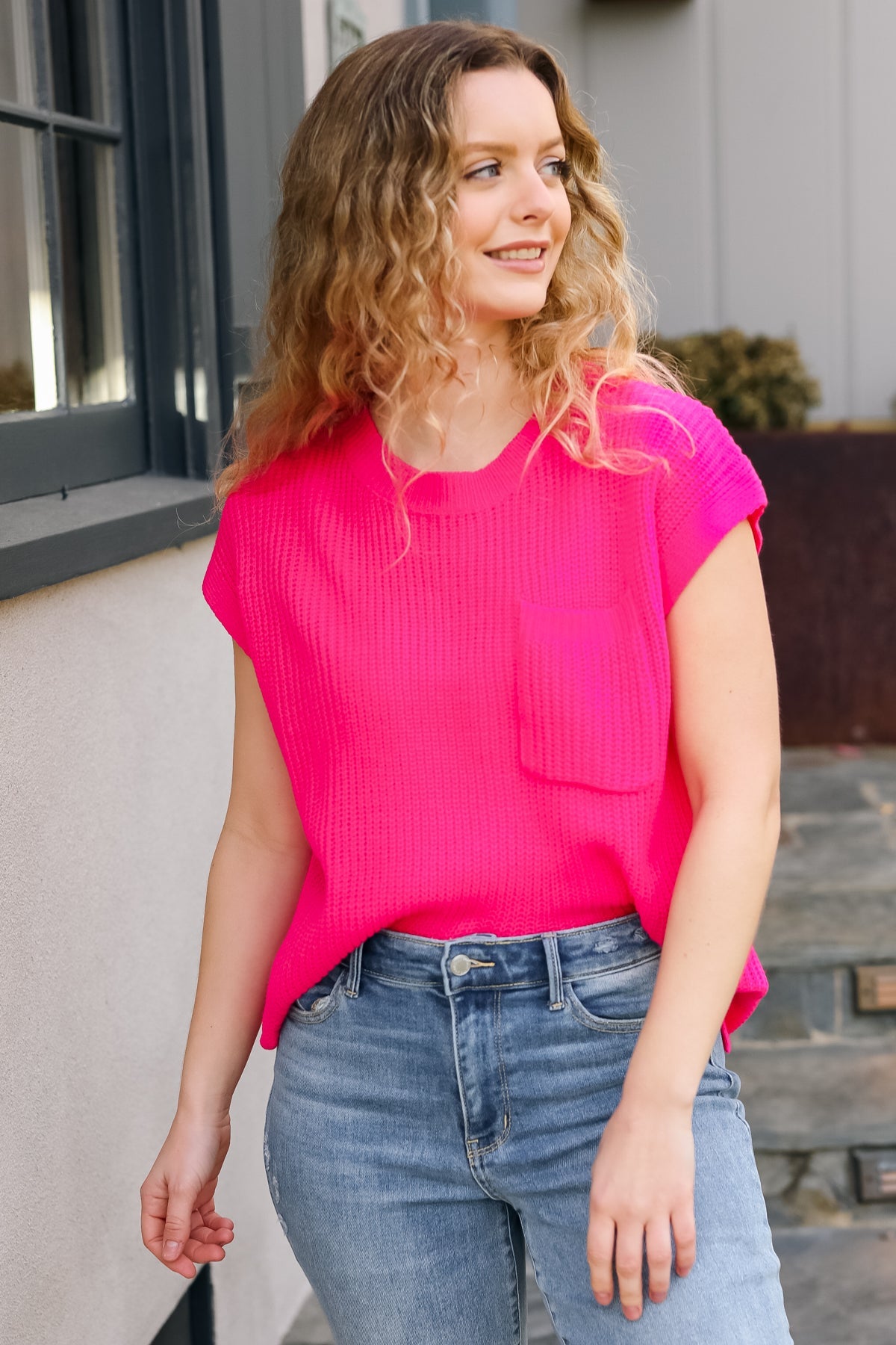 Best In Bold Dolman Ribbed Knit Sweater Top • Hot Pink