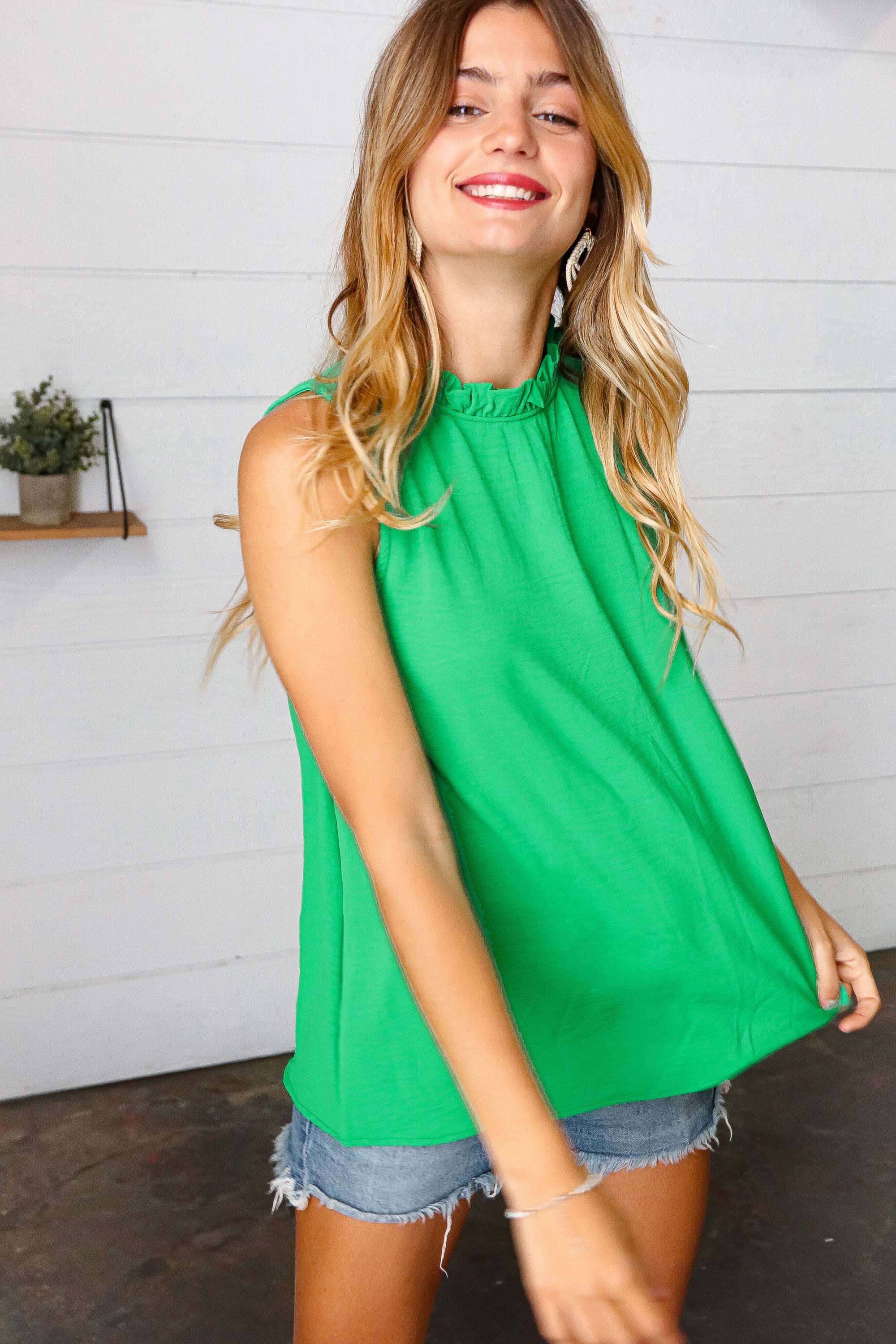 Act Natural Frill Mock Neck Crinkle Top