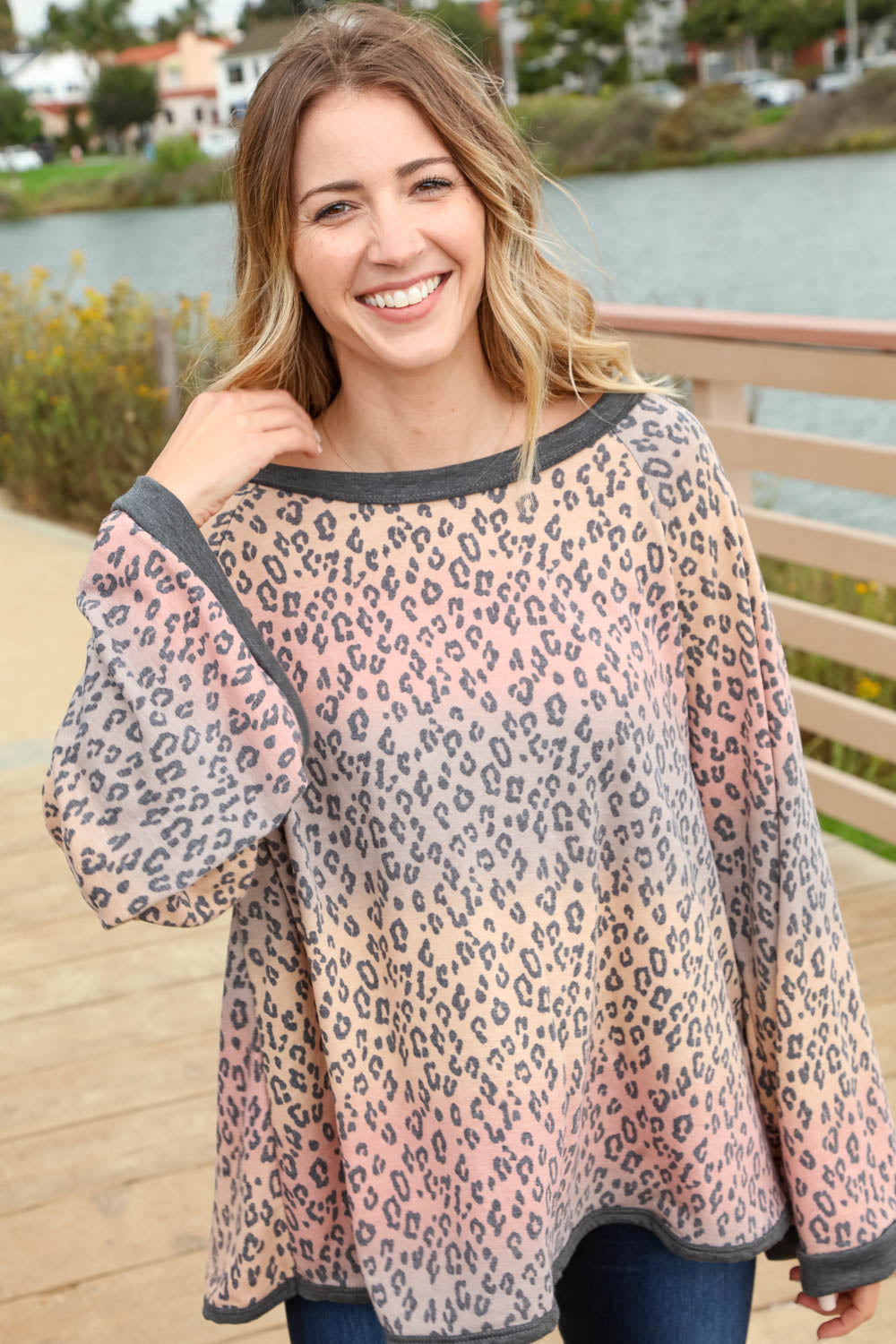 Wash Me In Color Leopard Print Bell Sleeve Pullover