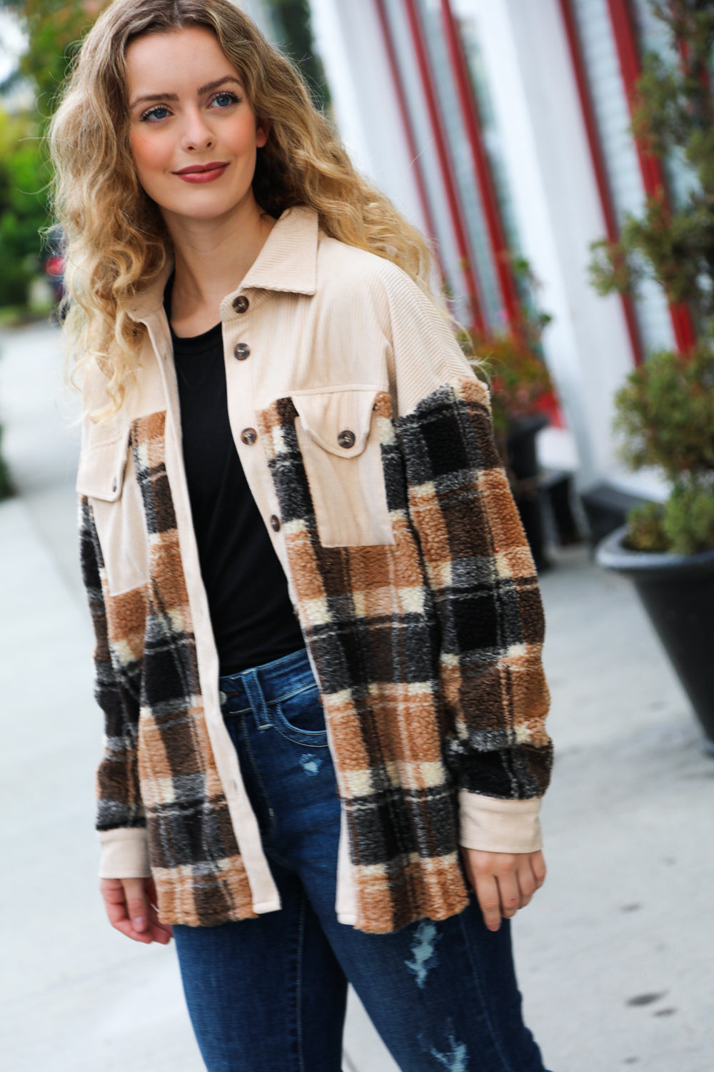 Adorable In Corduroy & Plaid Sherpa Button Jacket • Taupe