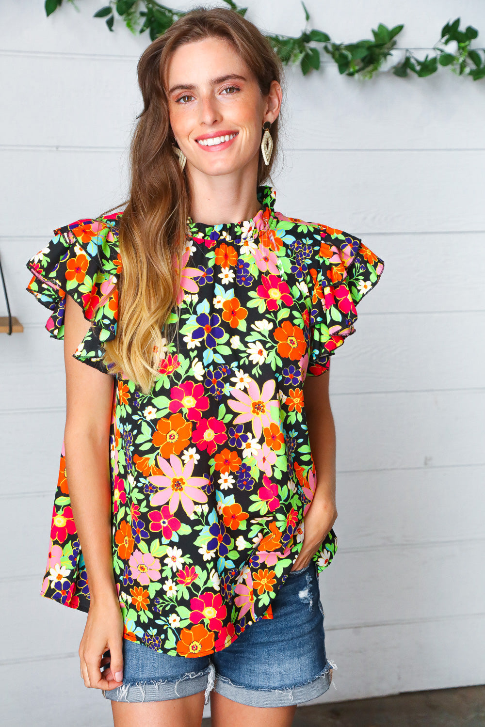 Caroline Floral Mock Neck Flutter Sleeve Top
