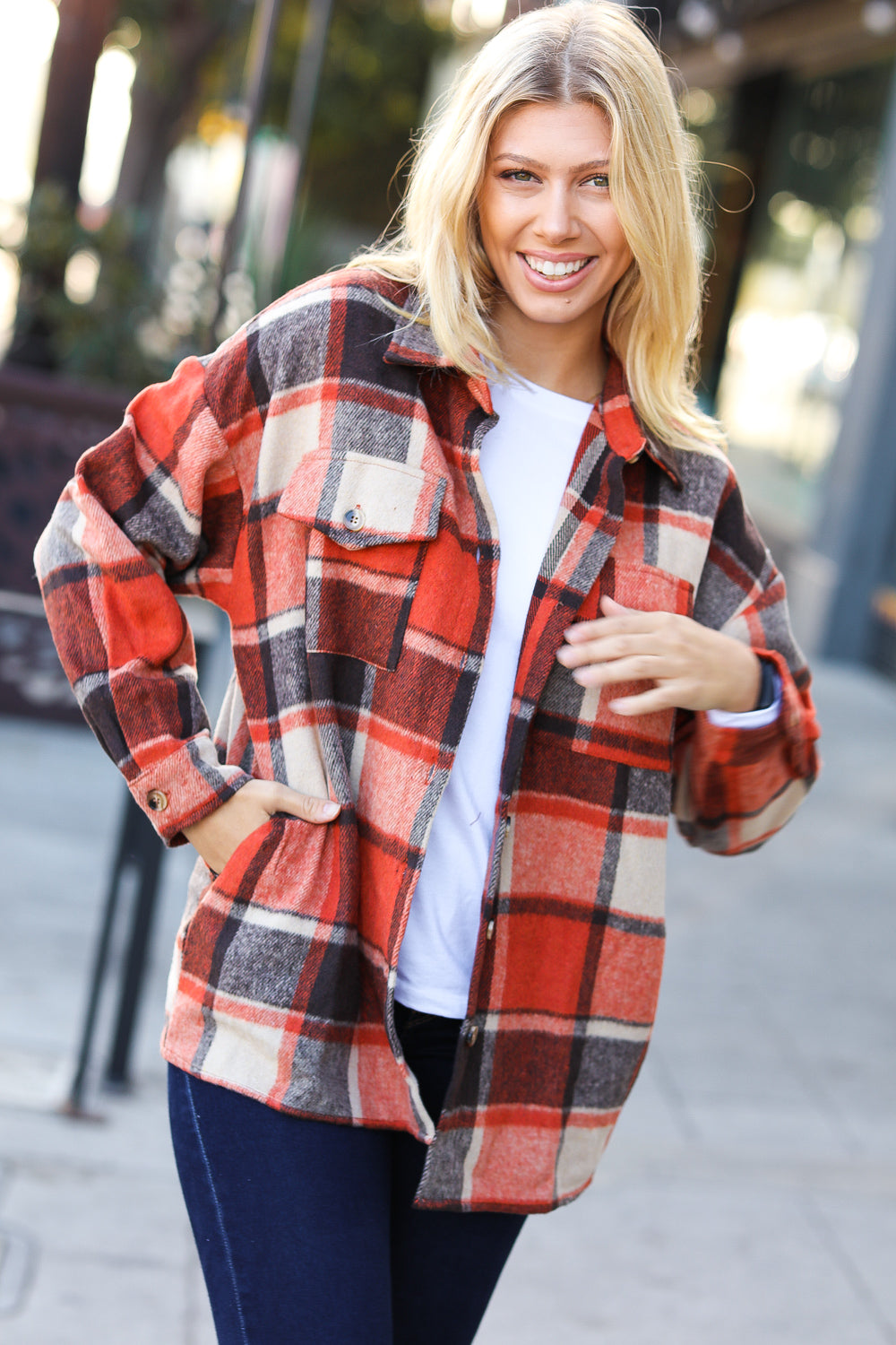 On My Way Up Plaid Flannel Button Down Shacket • Rust