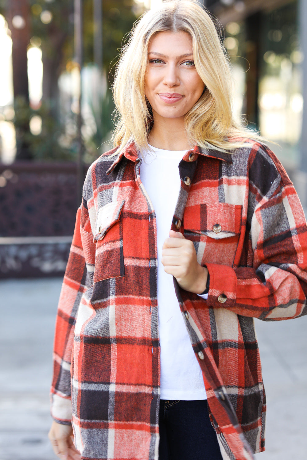 On My Way Up Plaid Flannel Button Down Shacket • Rust