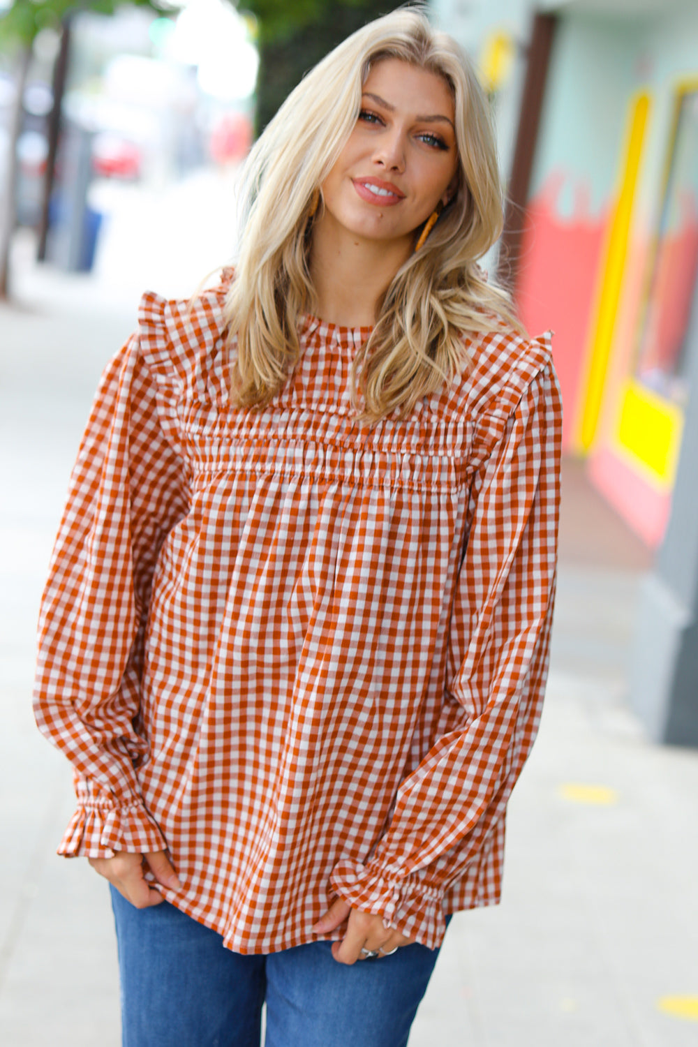 Adorable in Gingham Shirred Mock Neck Top • Rust