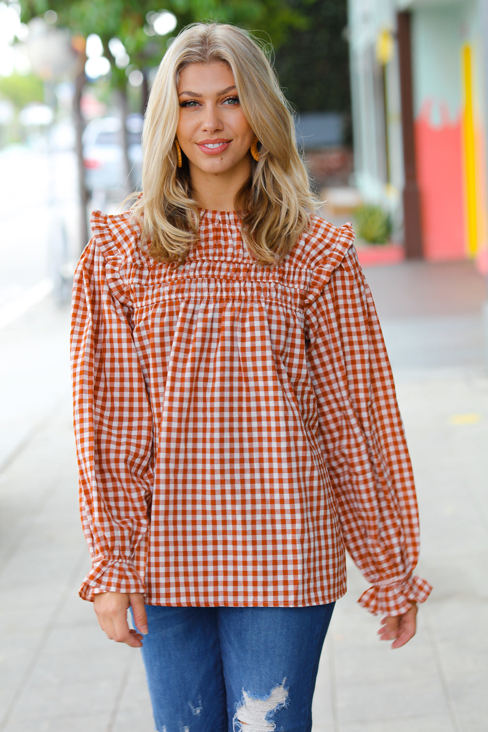 Adorable in Gingham Shirred Mock Neck Top • Rust