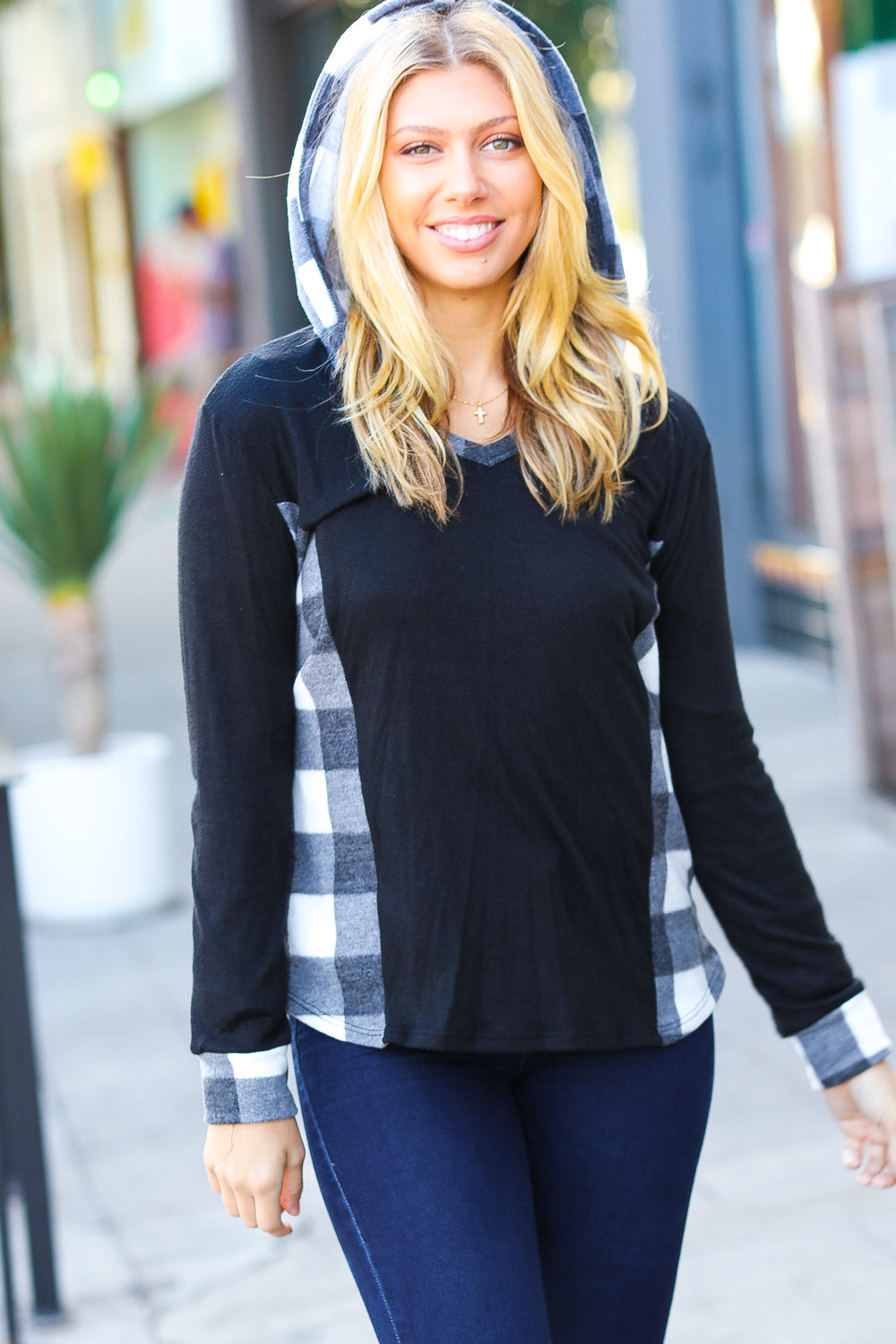 Adorable In Black & Ivory Plaid Hoodie