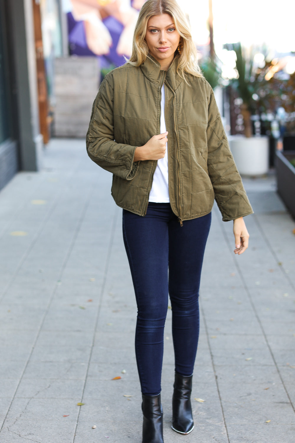 City Streets Cotton Quilted Zip Up Jacket • Olive
