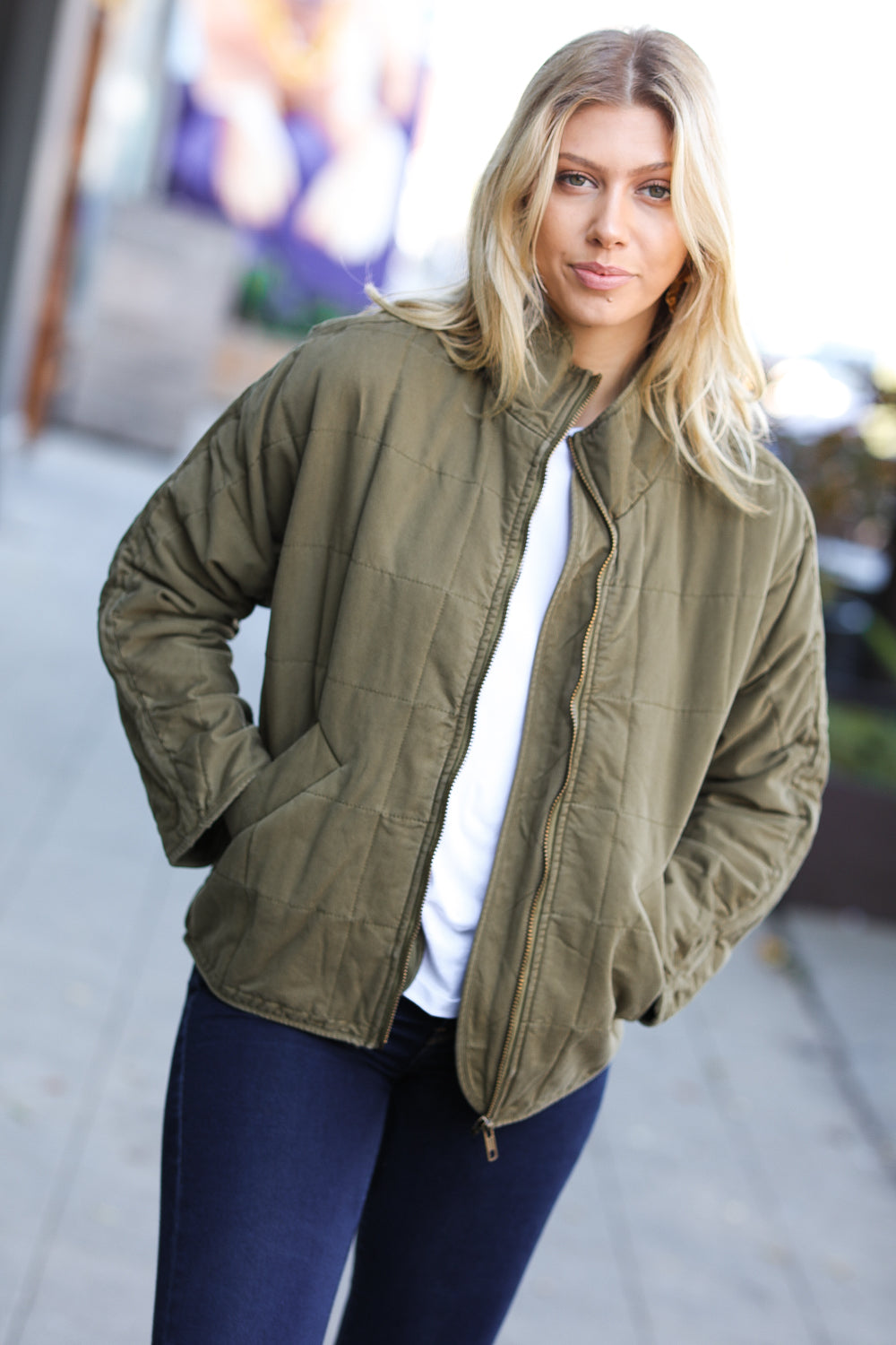 City Streets Cotton Quilted Zip Up Jacket • Olive